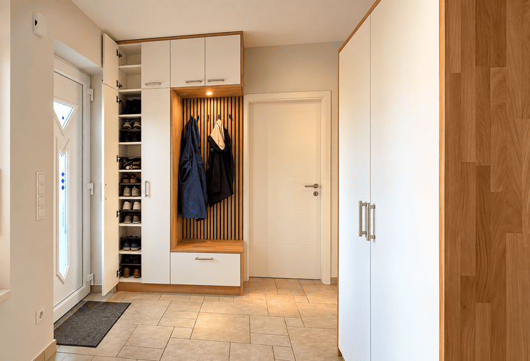 Flur mit Garderobe und Sitzbank Flur mit Garderobe und Sitzbank